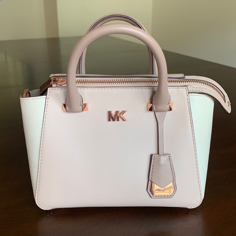 Michael Kors Medium Selma Optic White & Pink Leather Satchel Bag